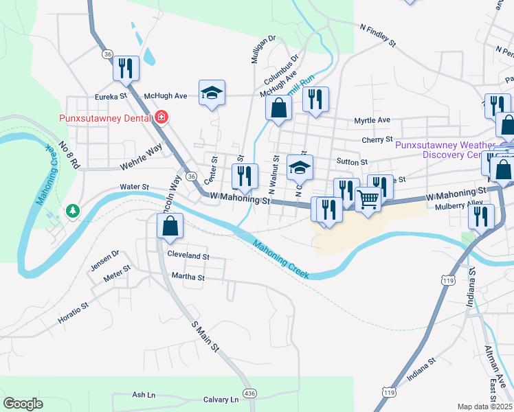 map of restaurants, bars, coffee shops, grocery stores, and more near 801-807 Colonel Drake Hwy in Punxsutawney