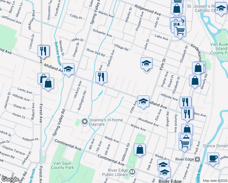map of restaurants, bars, coffee shops, grocery stores, and more near 368 East Midland Avenue in Paramus