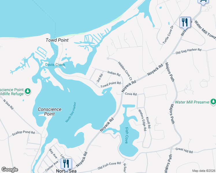 map of restaurants, bars, coffee shops, grocery stores, and more near 70 Towd Point Rd in Southampton