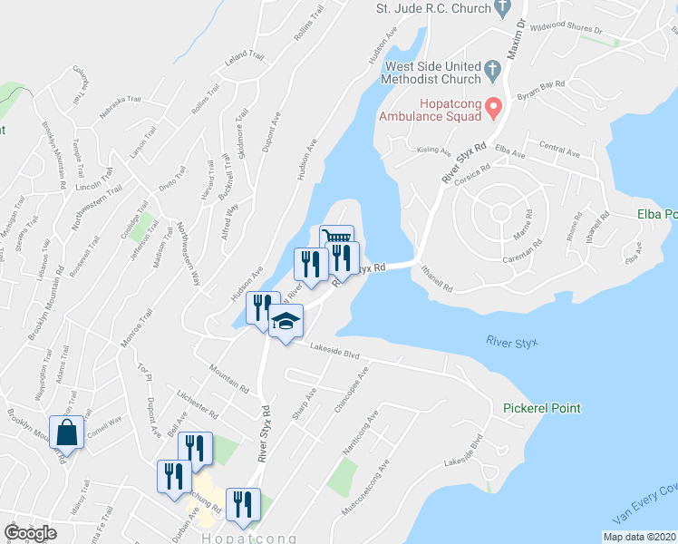 map of restaurants, bars, coffee shops, grocery stores, and more near 462 River Styx Rd in Hopatcong