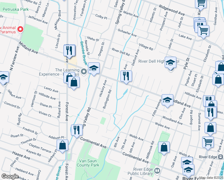 map of restaurants, bars, coffee shops, grocery stores, and more near 410 Burlington Road in Paramus