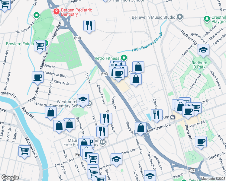 map of restaurants, bars, coffee shops, grocery stores, and more near 16-44 Eberlin Drive in Fair Lawn
