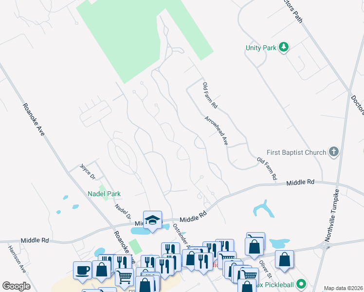 map of restaurants, bars, coffee shops, grocery stores, and more near 94 Stoneleigh Drive in Riverhead