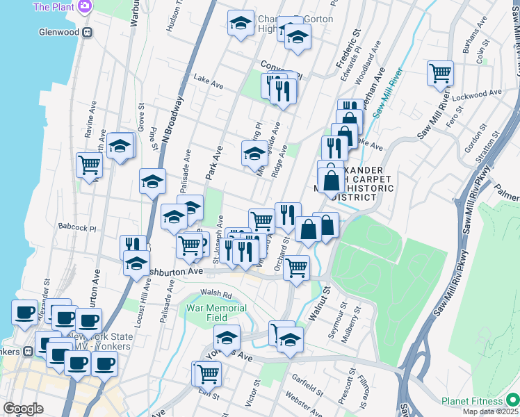 map of restaurants, bars, coffee shops, grocery stores, and more near 106 High Street in Yonkers