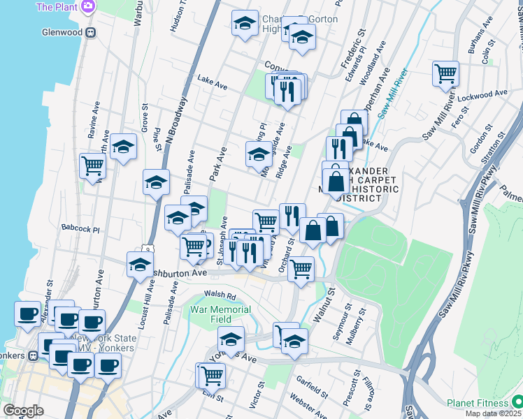 map of restaurants, bars, coffee shops, grocery stores, and more near 106 High Street in Yonkers