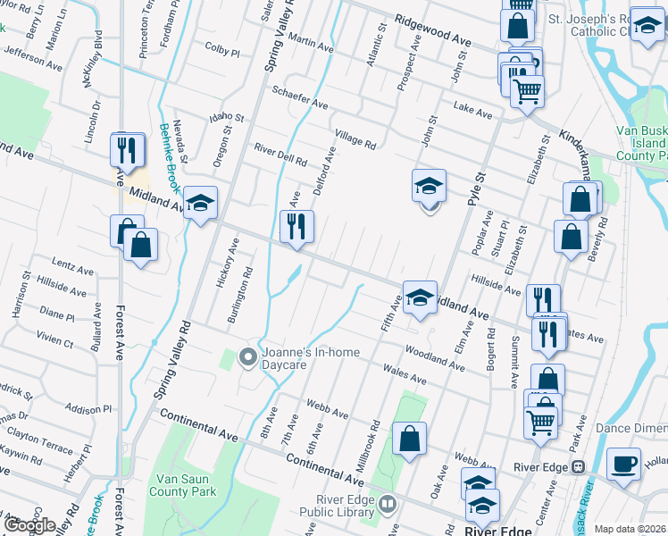 map of restaurants, bars, coffee shops, grocery stores, and more near 368 East Midland Avenue in Paramus