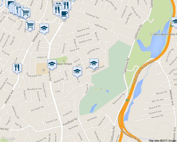 map of restaurants, bars, coffee shops, grocery stores, and more near 107 Ridge Street in Eastchester