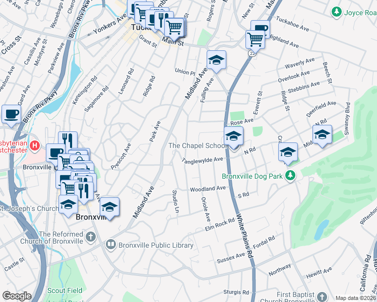 map of restaurants, bars, coffee shops, grocery stores, and more near 52 Summit Avenue in Bronxville
