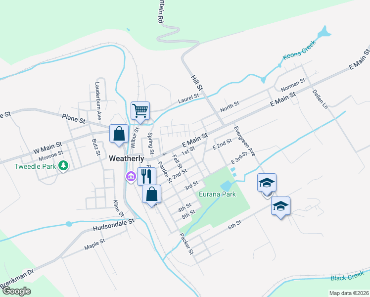 map of restaurants, bars, coffee shops, grocery stores, and more near 434 East Main Street in Weatherly