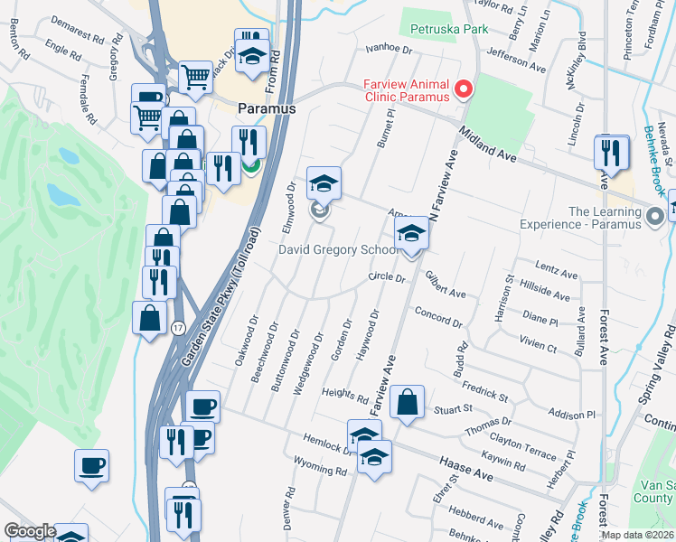 map of restaurants, bars, coffee shops, grocery stores, and more near 325 Maplewood Drive in Paramus