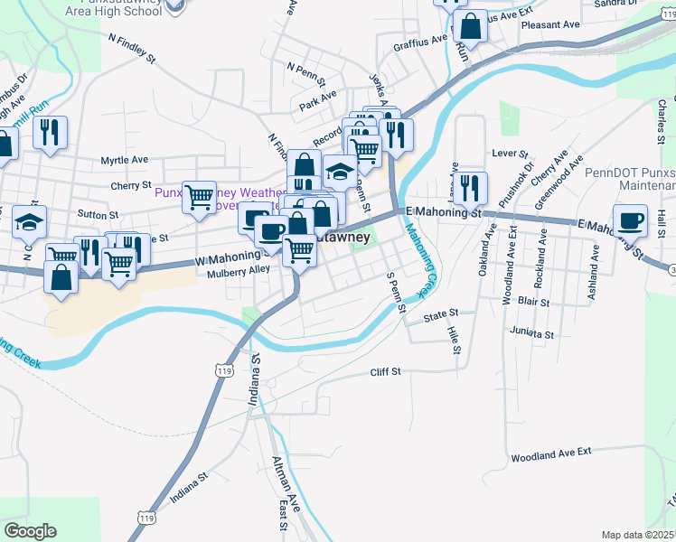 map of restaurants, bars, coffee shops, grocery stores, and more near 200-248 S Findley St in Punxsutawney