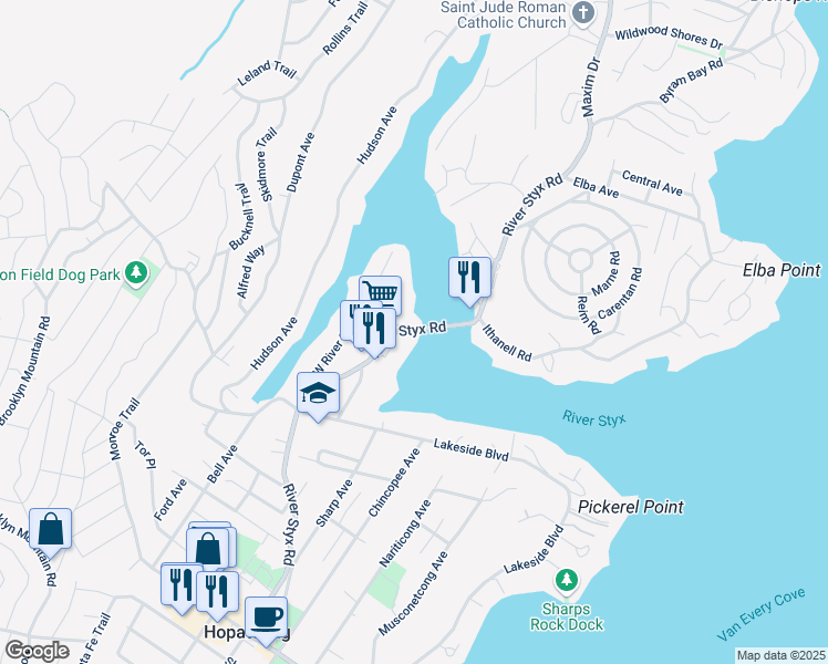 map of restaurants, bars, coffee shops, grocery stores, and more near 465 River Styx Road in Hopatcong