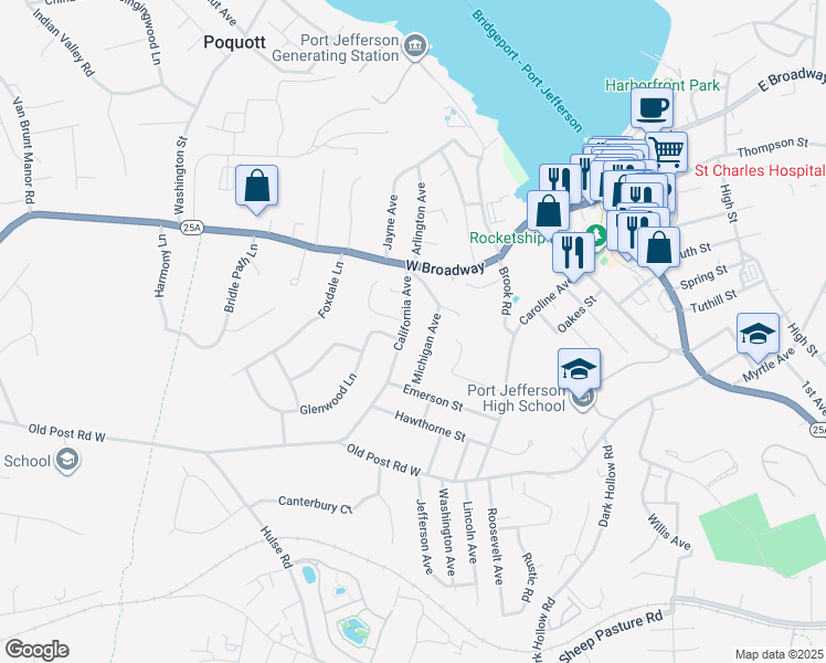 map of restaurants, bars, coffee shops, grocery stores, and more near 109 California Avenue in Port Jefferson