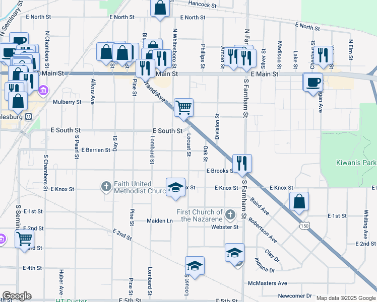 map of restaurants, bars, coffee shops, grocery stores, and more near 1301 East Berrien Street in Galesburg