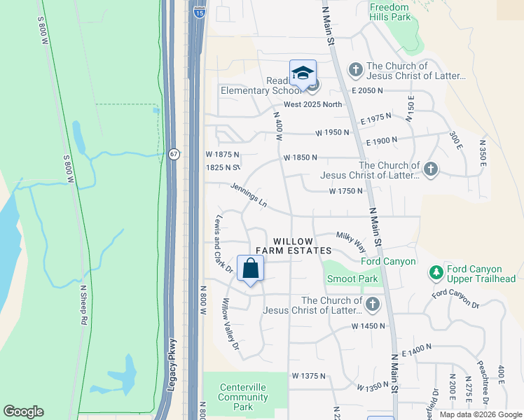 map of restaurants, bars, coffee shops, grocery stores, and more near North 525 West in Centerville
