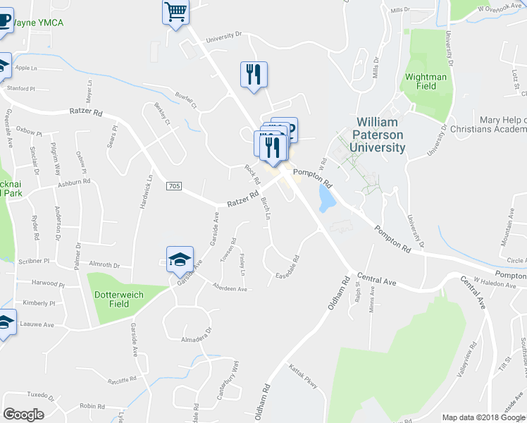 map of restaurants, bars, coffee shops, grocery stores, and more near 12 Birch Lane in Wayne
