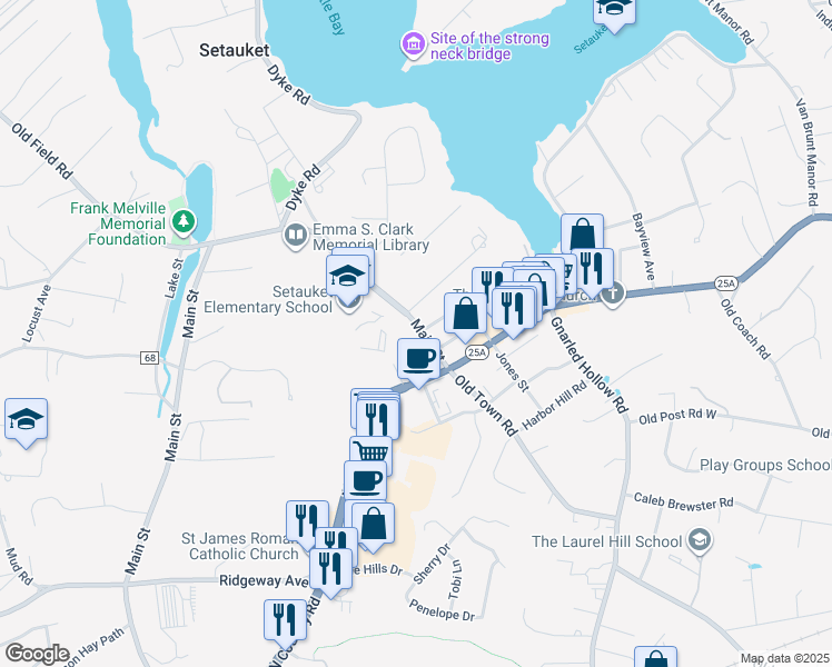 map of restaurants, bars, coffee shops, grocery stores, and more near 146 Main Street in Setauket- East Setauket