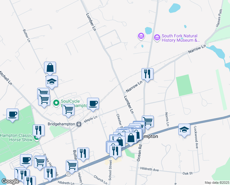 map of restaurants, bars, coffee shops, grocery stores, and more near 184 Lumber Lane in East Hampton