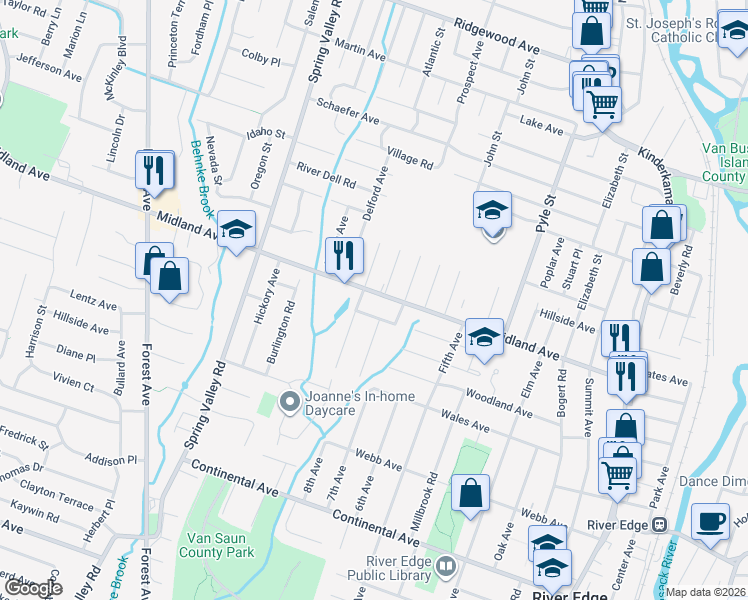 map of restaurants, bars, coffee shops, grocery stores, and more near 368 East Midland Avenue in Paramus