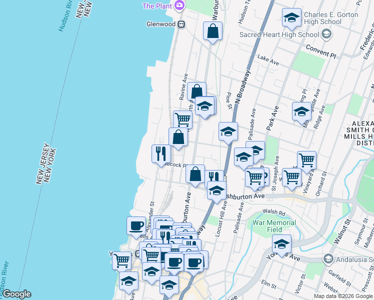 map of restaurants, bars, coffee shops, grocery stores, and more near 143 Woodworth Avenue in Yonkers