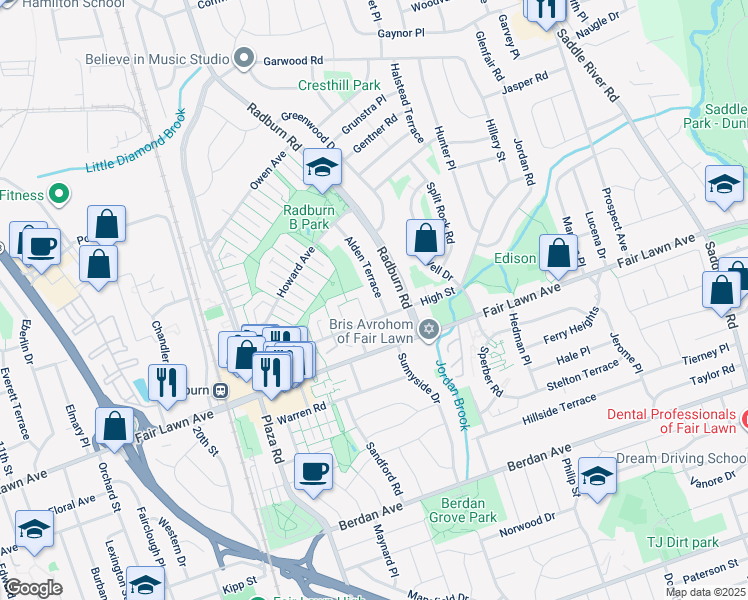 map of restaurants, bars, coffee shops, grocery stores, and more near 15-14 Alden Terrace in Fair Lawn