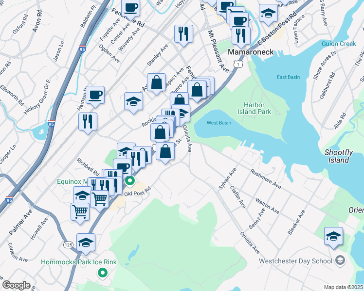 map of restaurants, bars, coffee shops, grocery stores, and more near 624 Hall Street in Mamaroneck