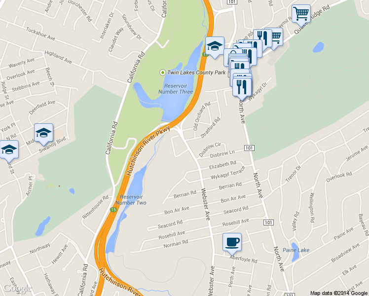 map of restaurants, bars, coffee shops, grocery stores, and more near 1174 Webster Avenue in New Rochelle