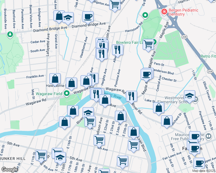 map of restaurants, bars, coffee shops, grocery stores, and more near 445 Wagaraw Road in Fair Lawn