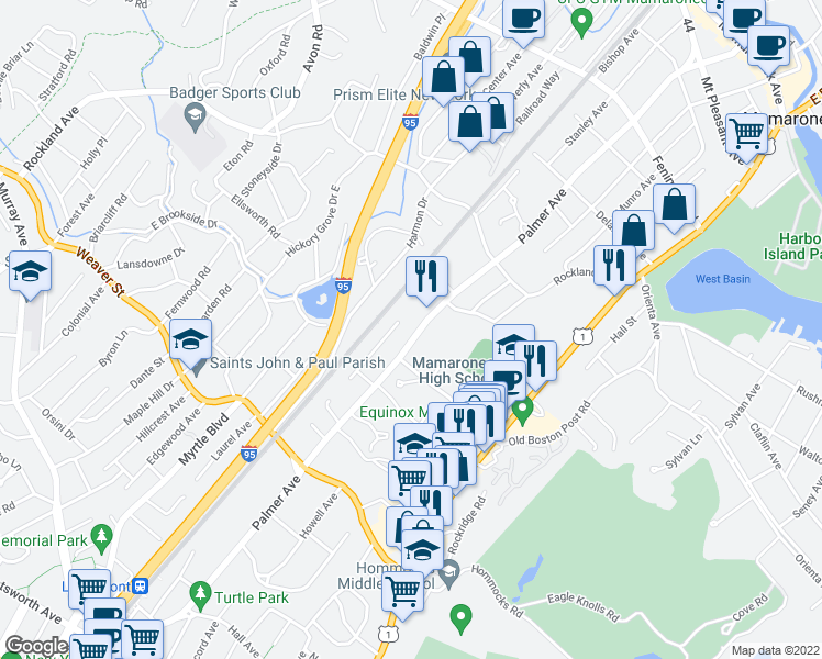 map of restaurants, bars, coffee shops, grocery stores, and more near 987 Palmer Avenue in Mamaroneck