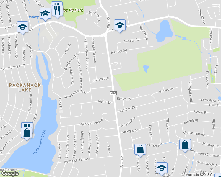 map of restaurants, bars, coffee shops, grocery stores, and more near 1045 Alps Road in Wayne