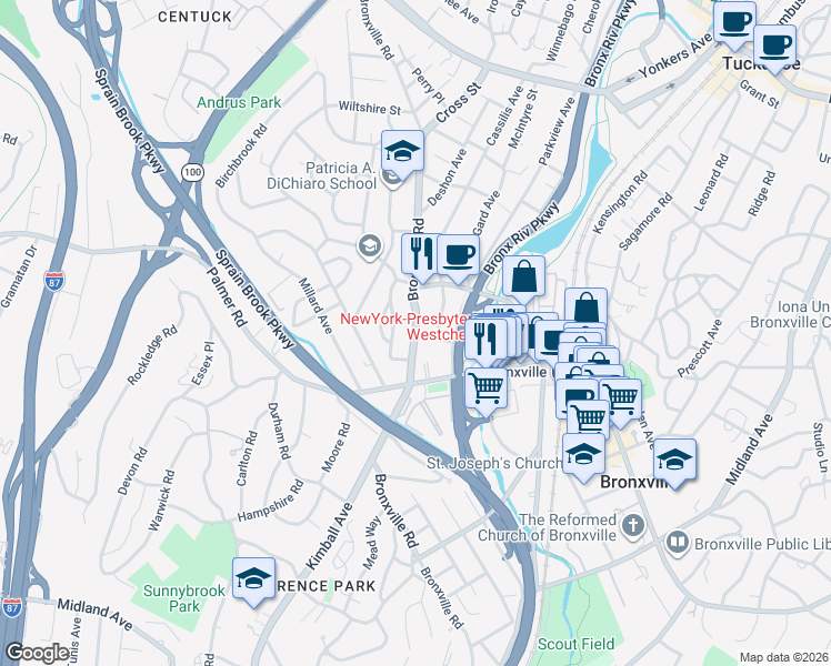 map of restaurants, bars, coffee shops, grocery stores, and more near 264 Bronxville Road in Yonkers
