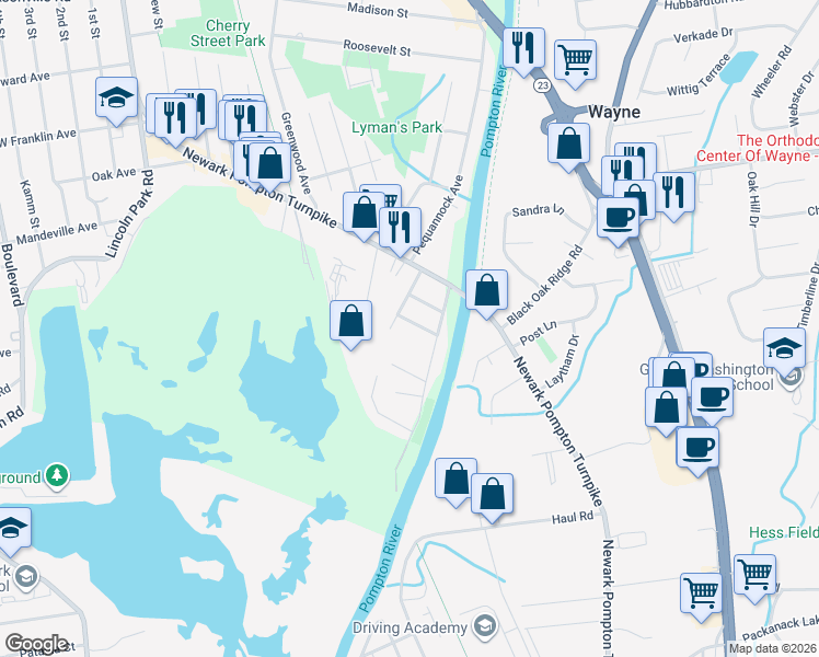 map of restaurants, bars, coffee shops, grocery stores, and more near 7 Willow Avenue in Pequannock Township
