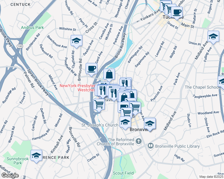 map of restaurants, bars, coffee shops, grocery stores, and more near 2 Stoneleigh Plaza in Bronxville