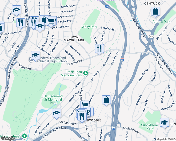 map of restaurants, bars, coffee shops, grocery stores, and more near 311 Mile Square Road in Yonkers
