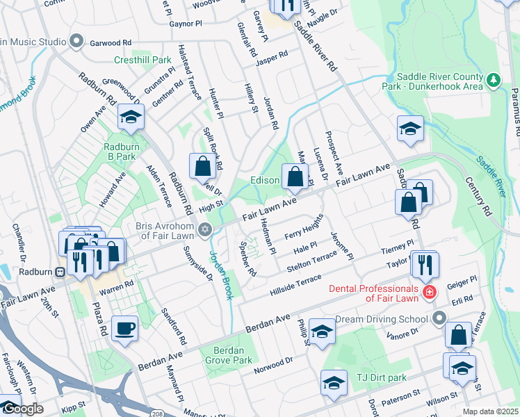 map of restaurants, bars, coffee shops, grocery stores, and more near 3425 County Road 76 in Fair Lawn