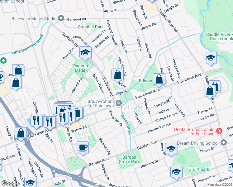 map of restaurants, bars, coffee shops, grocery stores, and more near 15-07 Radburn Road in Fair Lawn