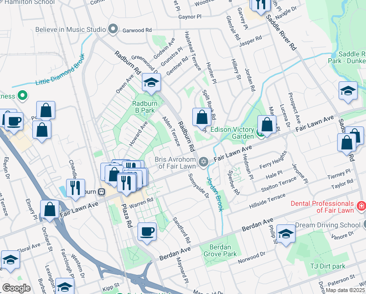 map of restaurants, bars, coffee shops, grocery stores, and more near 15-14 Alden Terrace in Fair Lawn