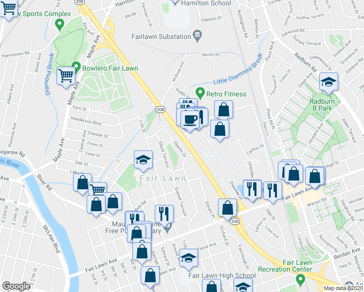 map of restaurants, bars, coffee shops, grocery stores, and more near 16-44 Eberlin Drive in Fair Lawn