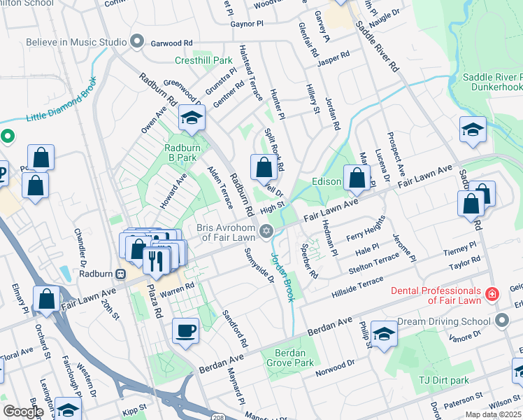 map of restaurants, bars, coffee shops, grocery stores, and more near 15-07 Radburn Road in Fair Lawn