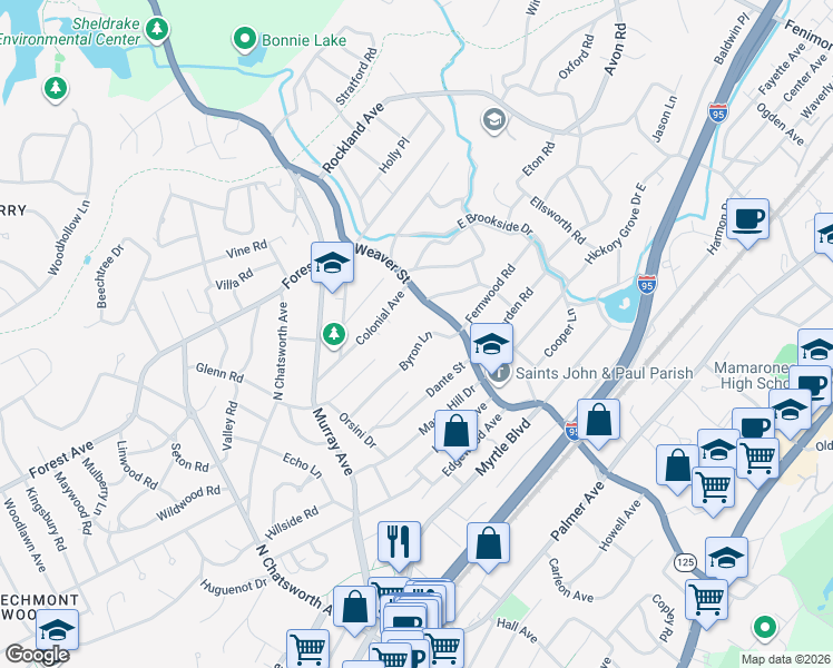 map of restaurants, bars, coffee shops, grocery stores, and more near 36 Byron Lane in Larchmont