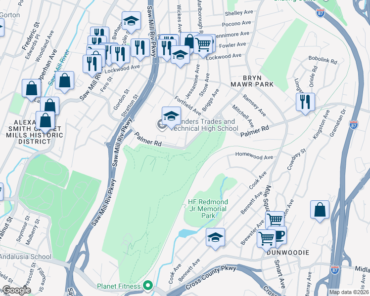 map of restaurants, bars, coffee shops, grocery stores, and more near Palmer Road & Briggs Avenue in Yonkers