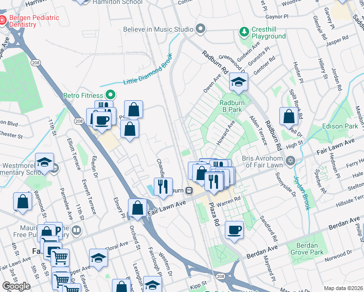 map of restaurants, bars, coffee shops, grocery stores, and more near 8 Hirschklau Lane in Fair Lawn