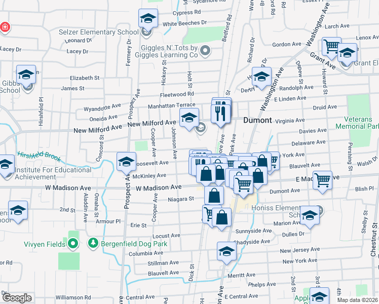 map of restaurants, bars, coffee shops, grocery stores, and more near 39 Dixon Avenue in Dumont