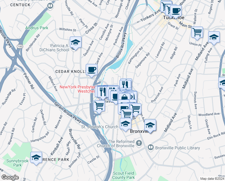 map of restaurants, bars, coffee shops, grocery stores, and more near 2 Stoneleigh Plaza in Bronxville
