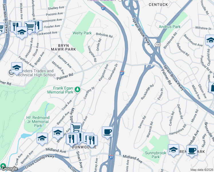map of restaurants, bars, coffee shops, grocery stores, and more near 87 Gramatan Drive in Yonkers