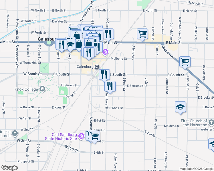 map of restaurants, bars, coffee shops, grocery stores, and more near 526 East Berrien Street in Galesburg
