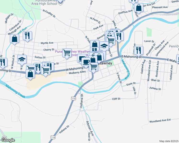 map of restaurants, bars, coffee shops, grocery stores, and more near 110 South Gilpin Street in Punxsutawney