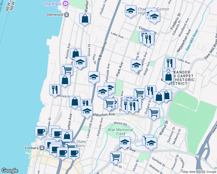 map of restaurants, bars, coffee shops, grocery stores, and more near 268 Palisade Avenue in Yonkers