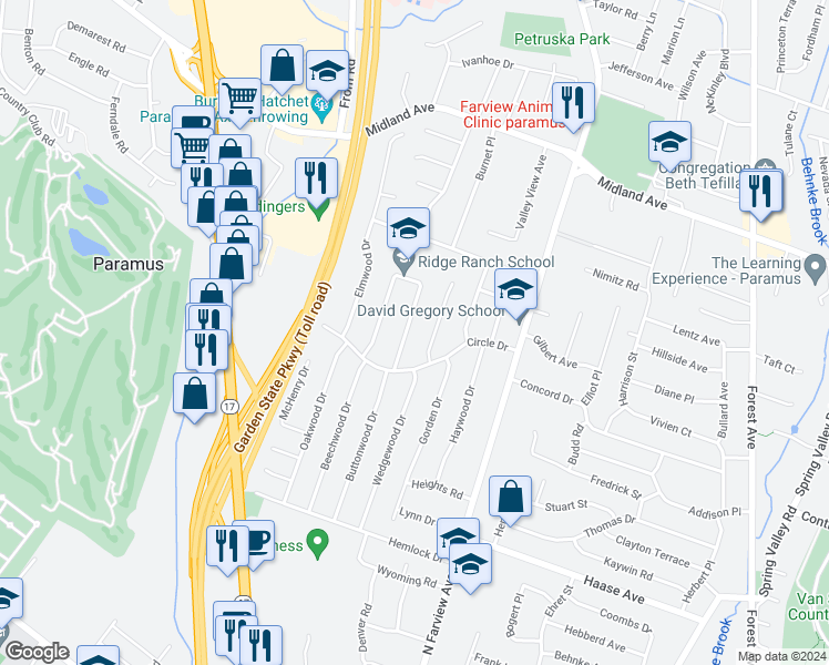 map of restaurants, bars, coffee shops, grocery stores, and more near 325 Maplewood Drive in Paramus