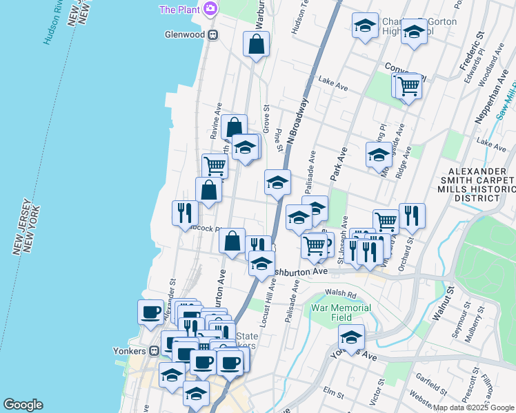 map of restaurants, bars, coffee shops, grocery stores, and more near 72 Lamartine Avenue in Yonkers